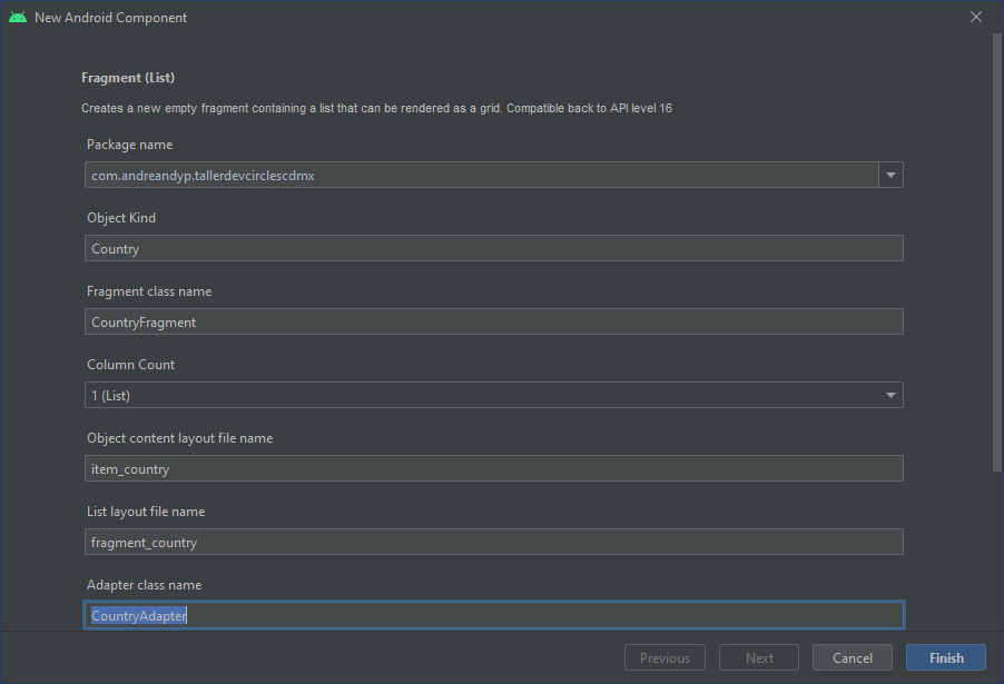 Ventana para crear un fragmento de lista