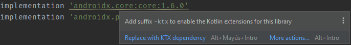 Aviso de biblioteca KTX en Android Studio