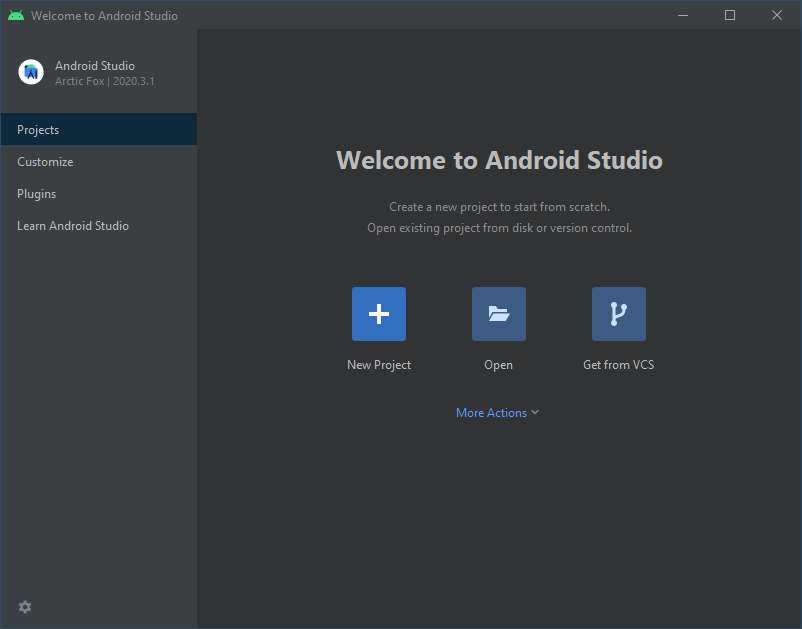 Pantalla de inicio de Android Studio