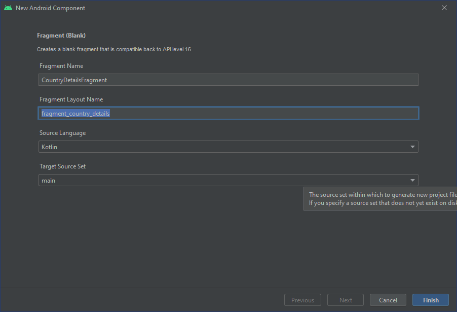 Configuración del nuevo fragmento