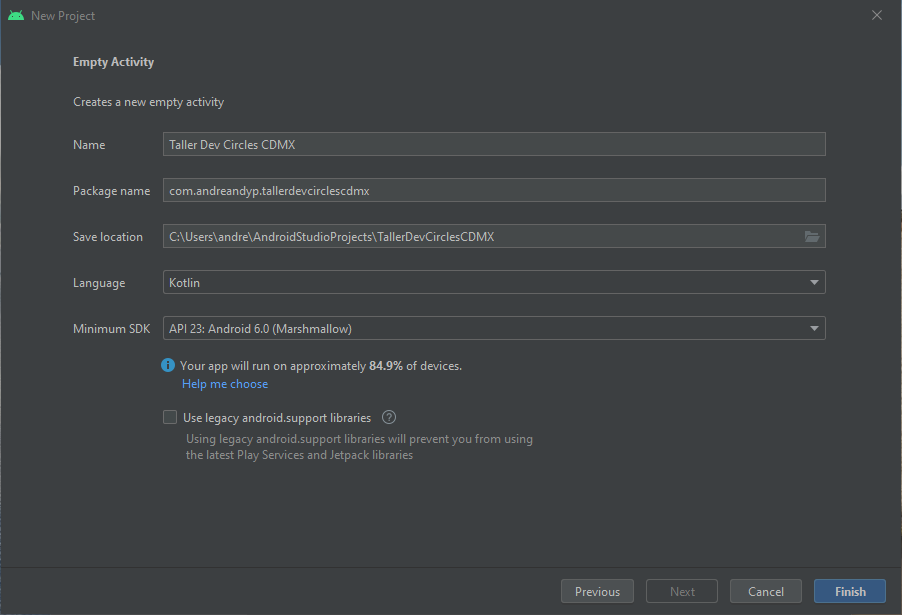 Pantalla para seleccionar las opciones de compilación de la app